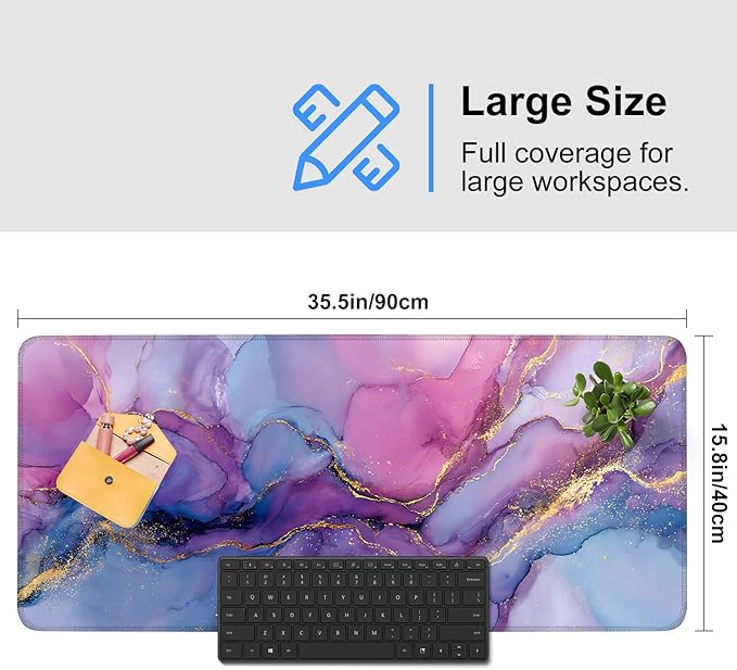 Purple Marble Ink Mouse Pad – Large Extended Desk Mat 35.43 x 15.75 in – Alcohol Ink Watercolor with Gold Vein Design, Non-Slip Base, Waterproof Surface, Aesthetic Keyboard & Mouse Pad