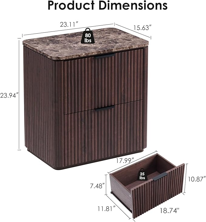 Fluted Nightstand with 2 Drawers, Bedside Table with Faux Marble-Top, Engineered Wood End Table with Curved Corners, Metal Handle, Modern Night Stand for Bedroom, Small Spaces, Dark Oak