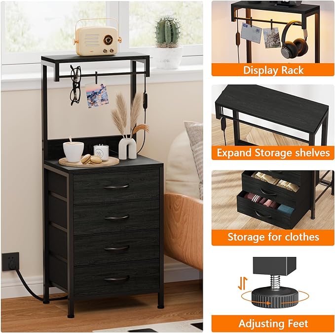 Furnulem Night Stand Set 2, Tall Nightstand with Charging Station and LED Lights, Bedside Tables with 4 Fabric Drawers and Storage Shelves, Black Nightstand Set of 2 for Bedroom (Black Oak)