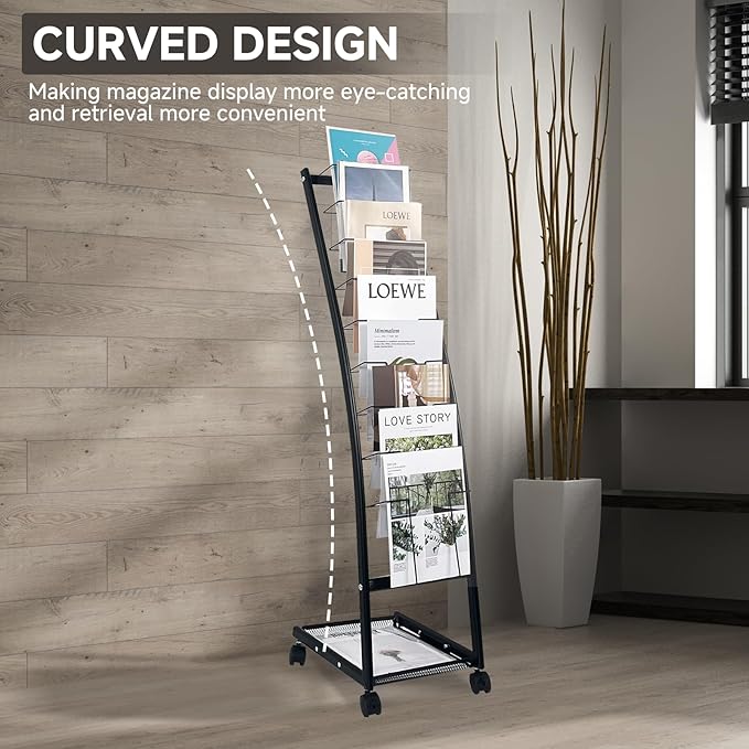 TONGMO Magazine Rack: Floor-Standing with Wheels, 9-Tier Brochure Display Stand for Exhibitions, Office, and Any Organization Requiring Information Display