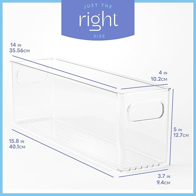 primebox Plastic Food Storage 4 Pack Clear Container Bin with Handles for Organizing Kitchen, Pantry, Refrigerator, Freezer, Pantry, Cabinet, Closet, Bathroom. 14”x4”x5”