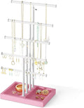 Love-KANKEI Jewelry Organizer Stand, 5 Tier Large Necklace Holder with Wood Base, Jewelry holder stand Tree for Display, Bracelets Earrings Rings, Height Adjustable Gift Pink and White