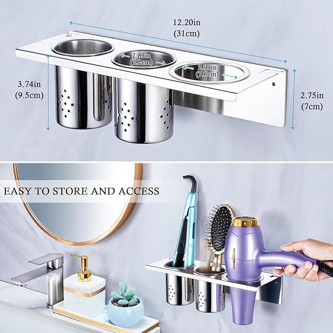 Hair Tool Organizer, Blow Dryer Holder Wall Mounted, Hot Tools Holder Storage for Brush, Hair Dryer, Straighteners, Curling Iron Holder Stainless Steel, Hair Styling Tools Organizer with 2 Cups