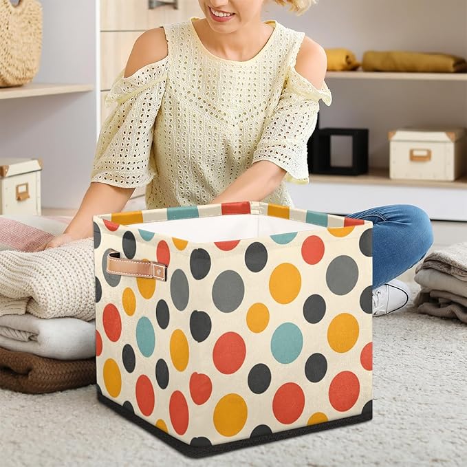 TropicalLife 13x13x13 Inch Large Fabric Storage Cube Vintage Polka Dots Foldable Storage Bin with Handles Organizer Boxes Cube Basket for Shelves Organizing Closet