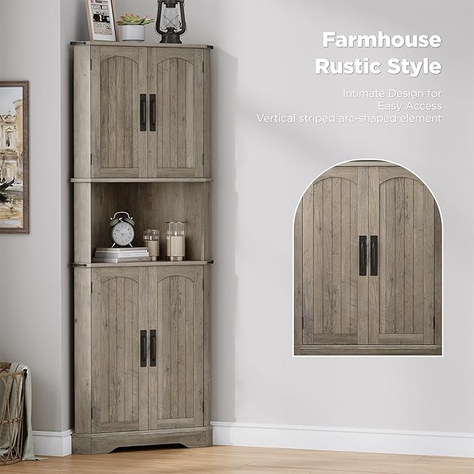 Maupvit Tall Corner Cabinet, Farmhouse Corner Storage Cabinet with 4 Barn Doors and Adjustable Shelves, Storage Pantry Cabinet for Kitchen, Living Room, Laundry Room, Grey