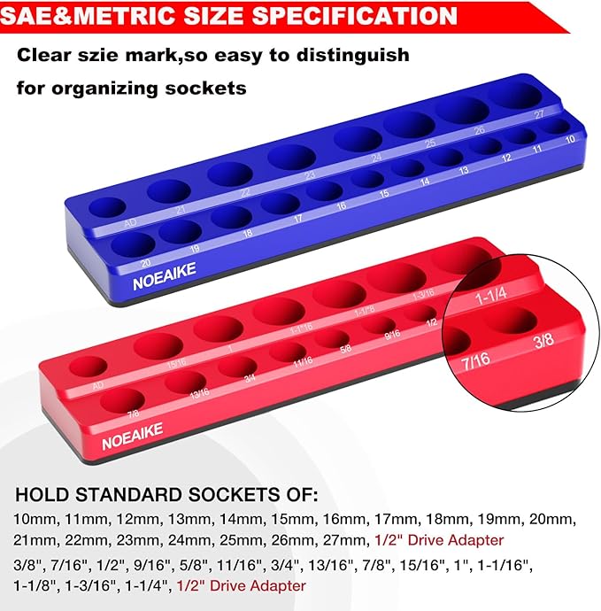 1/2 Inch Magnetic Socket Organizer,2-Pack Metric &SAE Sockets Holder Set 1/2" Drive Socket Trays, Holds 35 Pcs Standard Sockets(Socket not Included)