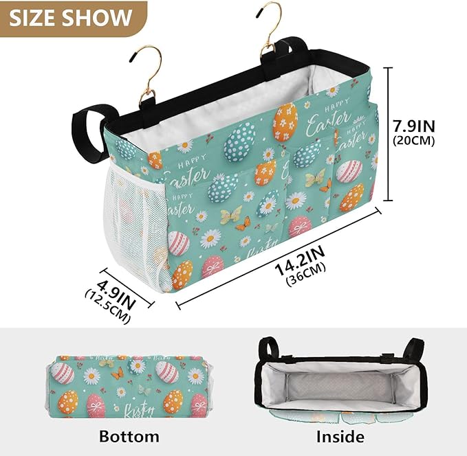 Egg Butterfly Easter Flower Bedside Caddy for Dorm Bed Bedside Hanging Caddy Bag Iron Frame Storage Organizer Pocket for Bunk Home College Hospital Beds 2 Hooks