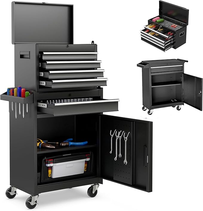 5-Drawer Rolling Tool Storage Chest Cabinet with Detachable Top Tool Box, Liner, Universal Lockable Wheels,37.6"x 20.7"x 11" Expandable, Locking Mechanism, Metal Tool Cart for Garage Workshop