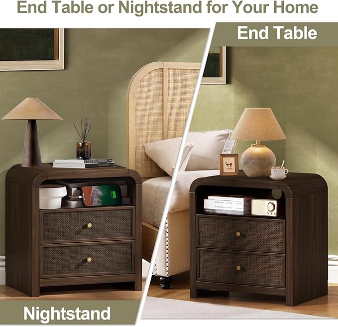 Oak&Sparrow 2 Drawer Tall Dresser for Bedroom, 23.6'' Rattan Dresser with Ample Storage, Boho Chest of Drawers, Thickened Curved Profile Design, Dark Walnut Dressers for Bedroom, Living Room