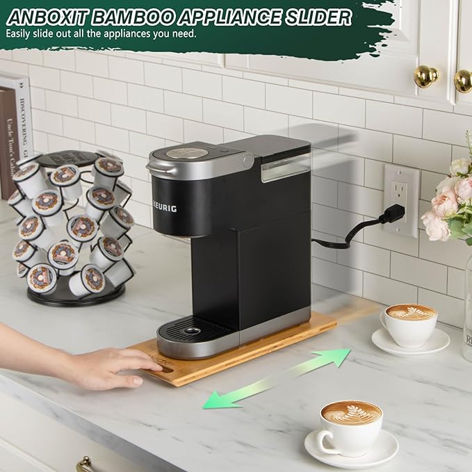 Bamboo Appliance Slider, Sliding Tray for Coffee Maker, Kitchen Countertop Appliance Rolling Tray, Coffee Pot Slider Tray with Rubber Wheels, Deep - Small (14"D x 6"W)
