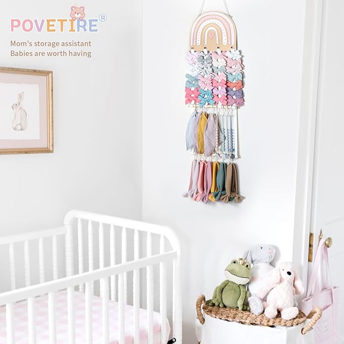 POVETIRE Headband Holder Bow Holder for Girls Hair Bows,Rainbow Hair Accessories Organizer Storage Wall Hanging Display for Nursery Toddler Girls Room
