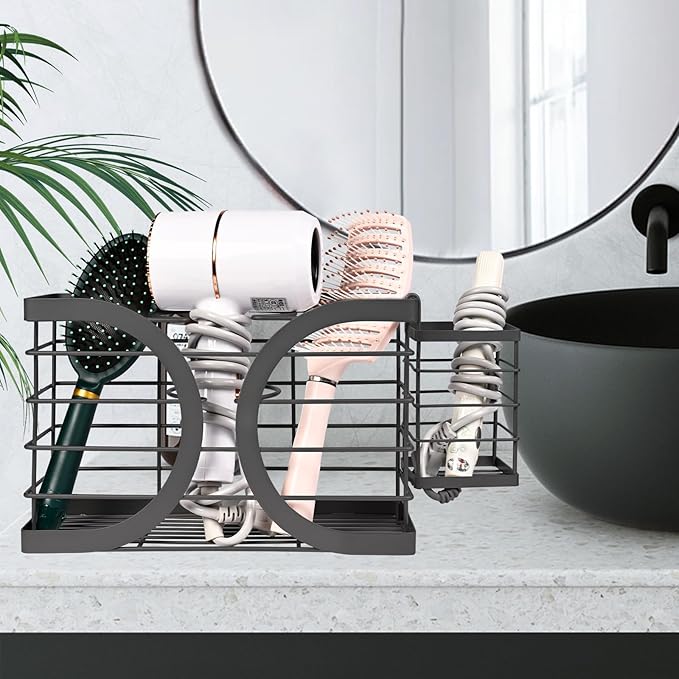 Elegant Black Wall Mounted Hair Dryer Holder - Stylish Bathroom Organiser for Hair Dryer & Straightener, Hair Brush & Accessories