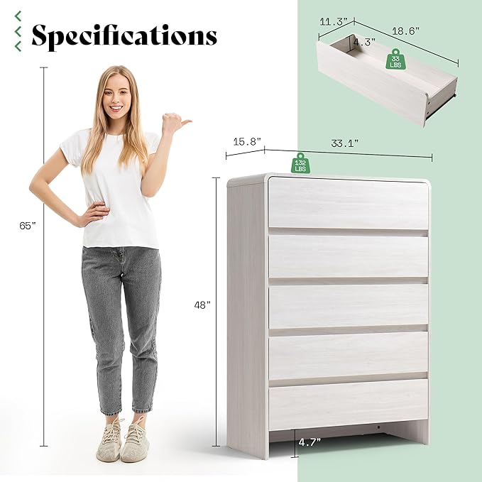 AMERLIFE 5 Drawer Dresser for Bedroom, 48" Tall Modern Chest of Storage Drawers with Rounded Corners, Anti-Tip Kit, Wood Cabinet Organizer for Closet, Apartment, Nursery, Easy Assembly, White