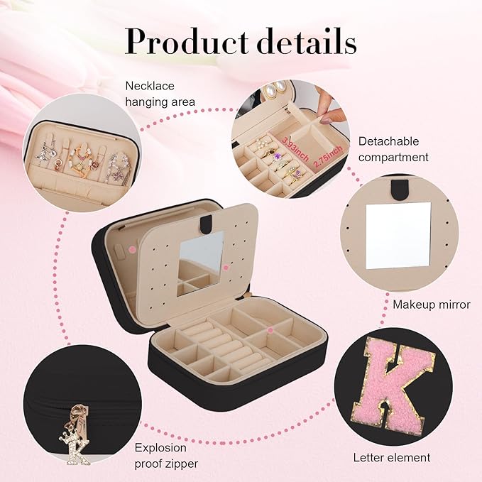 TopPerfekt Travel Jewelry Case, Jewelry Box with Mirror, Jewelry Organizer Bridal Shower Gifts to Her, Earring Storage Travel Case, Trendy Gift for Women and Girls, Girlfriend-Letter K, Black