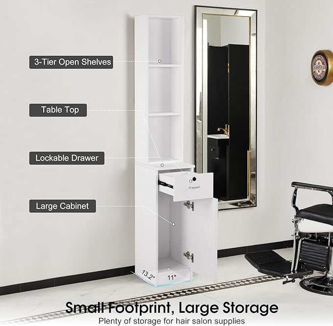 BarberPub Locking Wall Mount Hair Styling Barber Station Drawer Storage Beauty Salon Spa Equipment 3036-1 (White(Handle Left))