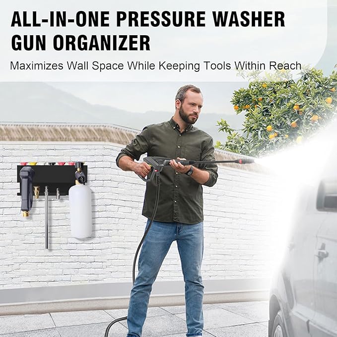 Wall Mounted Pressure Washer Gun & Foam Cannon Holder, Car Wash Accessories Storage Rack for Wand Extension and Nozzle Tips, Fits 1/4" Quick Connect, Black