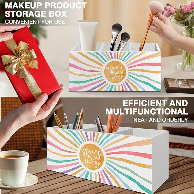 Boho Colorful Sunshine Pen Pencil Holder Organizer for Desk Accessories, Boho Classroom Decor, You Can Do Hand Things Inspirational Wooden Box Signs Decorations for Kids Room Desk Tabletop