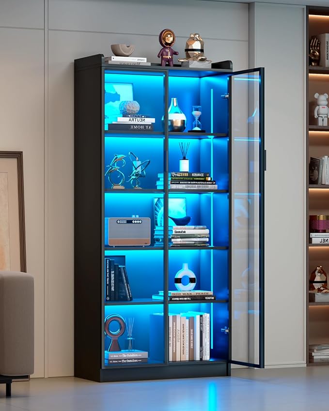 Display Cabinet with Glass Doors and Shelves, 65" Tall Curio Cabinet with LED Lights/Human Sensor, 5 Tier Display Case for Collectibles Bedroom Living Room Office, Black