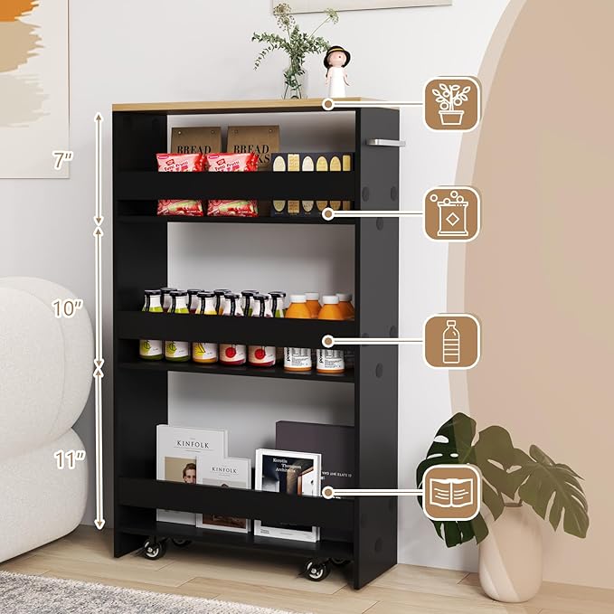 Slim Rolling Storage Cart, 4 Tier Narrow Kitchen Cart with Wheels, Between Washer and Dryer Cart, Wood Shelving Unit Organizer w/Handle for Small Spaces (Black, 8-inch)