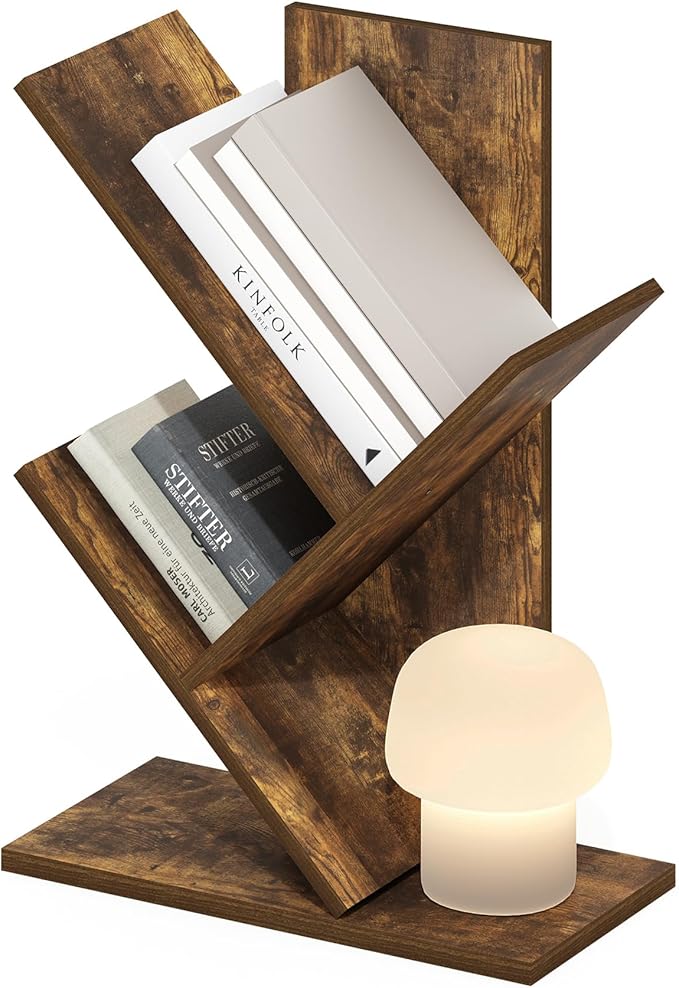 Furinno Tree Book Shelf, 3-Tier Bookshelf, Tree Bookcase for Room Decor, 8.4 x 15.7 x 21.3, for Living Room, Bedroom, Home Office, Amber Pine