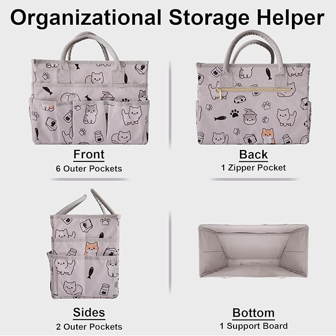Cupohus Art Organizer Craft Storage Tote Bag with Pockets and Handles, Oxford Fabric Carrying Caddy for Teacher, Officer, Artist, Traveler, and more-Grey Pet