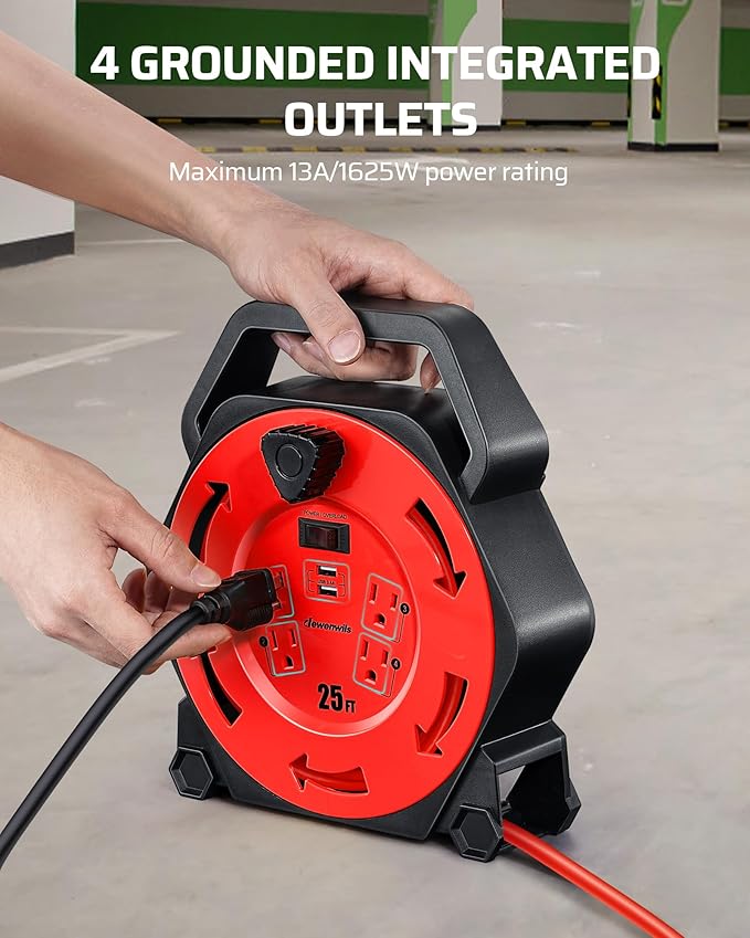 DEWENWILS Cord Reel with 4 Power Outlets, 2-USB Ports(3.4A Fast Charge), 25FT Retractable Extension Cord Reel, Heavy Duty SJTW 16/3 Cable, 13A Circuit Breaker, Hand Wind, UL Listed
