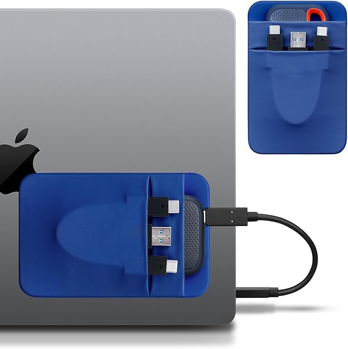 Lacdo Portable Hard Drive Sleeve for Laptop, 2-Pocket Stick on Pouch with Reusable Adhesive, for SanDisk, Samsung, Crucial, Portable External Solid State Drive SSD Hard Drive Carrying Case, Blue