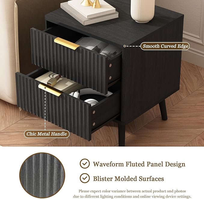 CARPETNAL Fluted Nightstand, Black Bedside Table with 2 Drawers and Gold Handles, Wood End Table Mid Century Night Stands for Bedroom Living Room