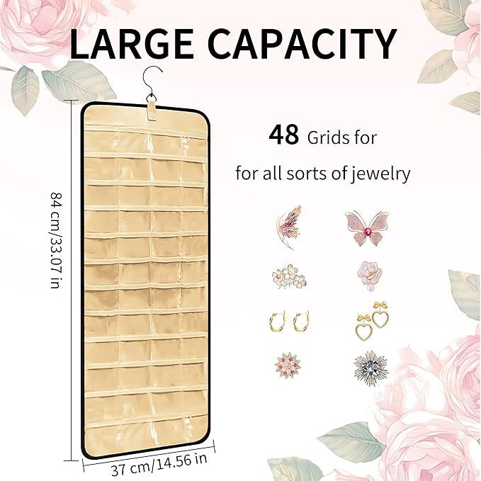 Bloss Hanging Jewelry Organizer-48 Pockets Dual-Sided Hanging Jewelry Organizers and Storage for Necklaces, Earrings Holder on Closet, Wall, Door, Christmas Gifts for Women,Blcak