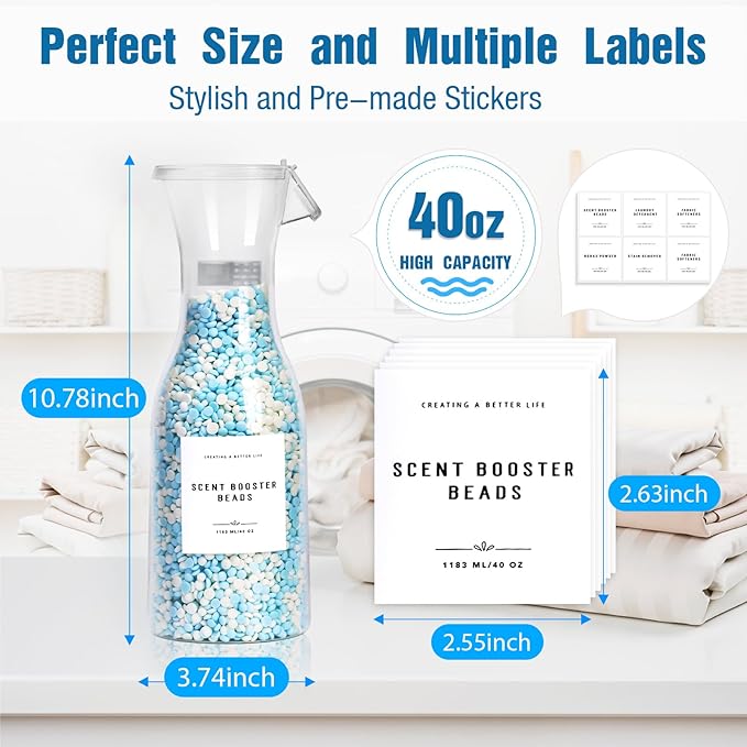 Laundry Detergent Dispenser Bottle 40oz with Waterproof Label for Detergent, Soap, Fabric Softener, Scent Booster Beads, Sturdy PET Bottle for Laundry Room Decor 3 Pack