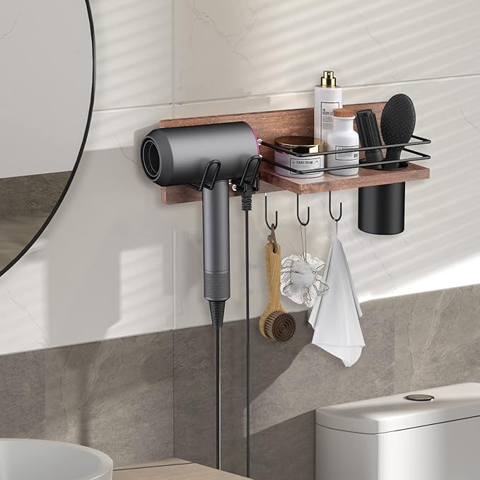 Wooden Hair Dryer Holder Wall Mounted, Bathroom Hair Tool Organizer, Blow Dryer Holder Shelf, Curling Iron and Hair Styling Tools Organizer