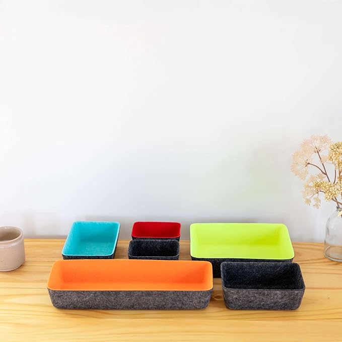 Three by Three Seattle Felt·Like·It! Felt Bins for Office, Crafts, Classroom, Living Room, Bedroom: Includes Expandable Sliding Bin for Custom Fit, Multicolor, Set of 8