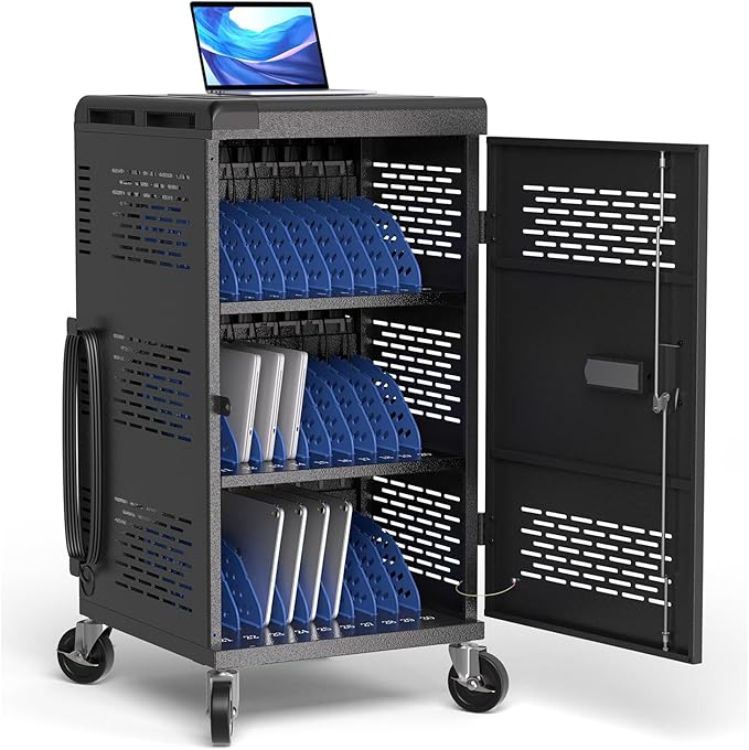 Fully Assembled 30 Unit Device Charging Station for Chromebook, iPad, 14'' Laptop - Pre Built Charging Cart with Charger Cable Management, Circuit Breaker, Grounding Protection (Black)