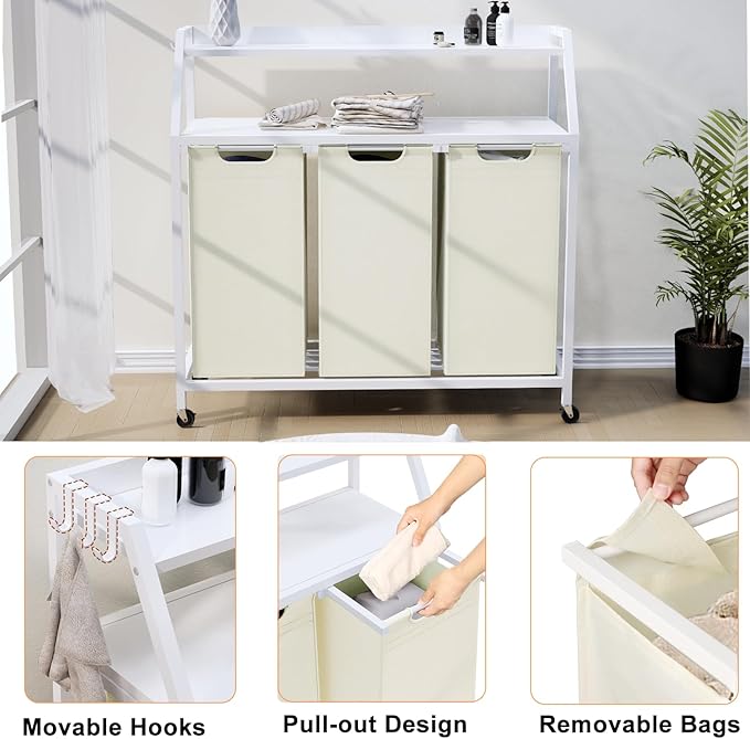 Laundry Hamper, Laundry Sorter 3 Section, Rolling Laundry Basket with Wheels, 2 Shelves, 3 × 14.5 Gal, Pull-Out and Removable Oxford Fabric Bags, for Laundry Room, White and Beige