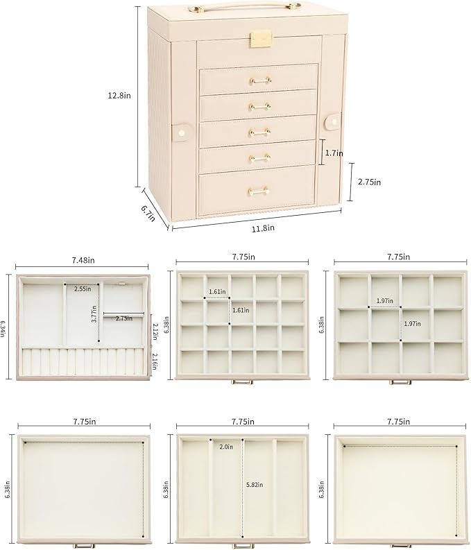 Large Jewelry Holder Organizer, 6 Layer Jewelry Box for Women Jewelry Storage Case With Handle, Gift for Christmas New Year, Apricot