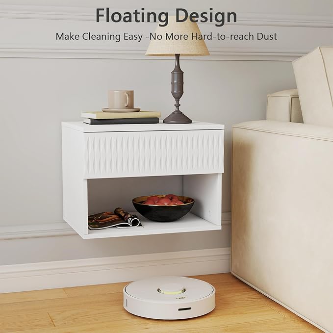Floating Nightstand Set of 2,Modern Bedside Tables for Bedroom,Small Night Stands with Drawer and Open Shelf, Wall Mounted End SideTables Set for Living Room