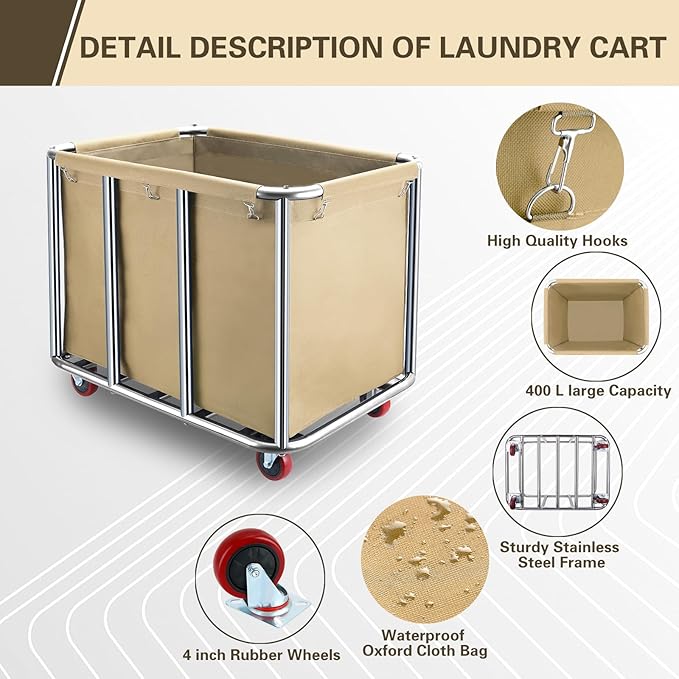 Commercial Laundry Cart with Wheels,400L Large Industrial Laundry Cart,Rolling Laundry Cart with Sturdy Stainless Steel Frame and Oxford Bag for Home Hotel Hospital 440 lbs (Beige)