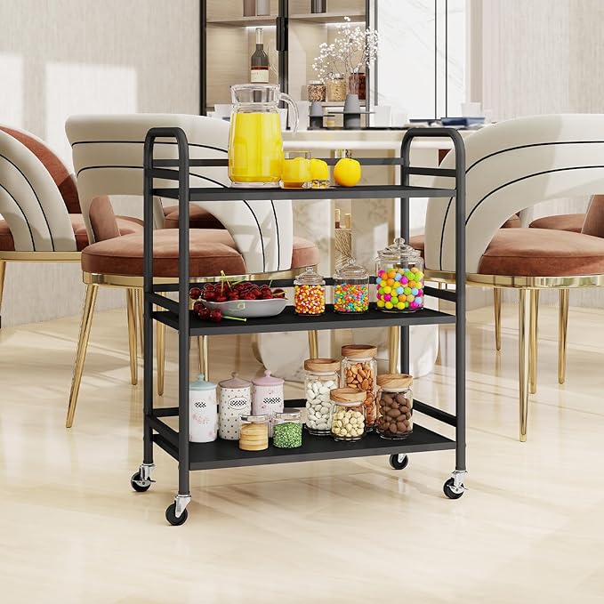 HDANI 3 Tier Metal Utility Multipurpose Rolling Cart,Large Capacity Heavy Duty Cart with Lockable Wheels Rolling Cart with 2 Lockable Wheels for Home,Office,Kitchen,Bathroom,Bedroom(Black)
