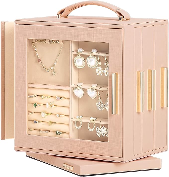Homde Christmas Gifts Jewelry Box 360° Rotating, Necklace Earring Organizer with Transparent Window, Mirror, 7 Drawers, Large Ring Display Storage Case for Girls Women (Peach Pink)