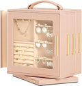 Homde Christmas Gifts Jewelry Box 360° Rotating, Necklace Earring Organizer with Transparent Window, Mirror, 7 Drawers, Large Ring Display Storage Case for Girls Women (Peach Pink)