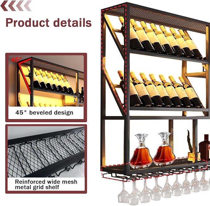 3 Tier Large Wine Rack Wall Mounted with Glass Holder, Black Modern Iron Liquor Shelf, 70.8 Inch Large Wine Bottle Display Shelf, for Kitchen Dining, Home Bar, Cellar (70.8" W)