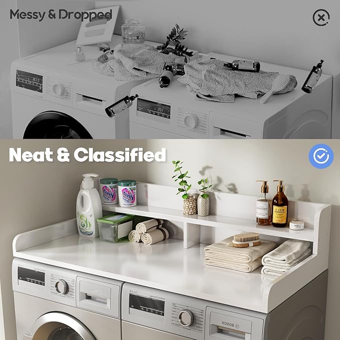 2-Tier Washer and Dryer Countertop with 2.75" H Guard,54" W x 27.5" D Laundry Countertop Cover with Non-Slip Pad,Large Space Laundry Topper for Folding Clothes Over Washer and Dryer-White