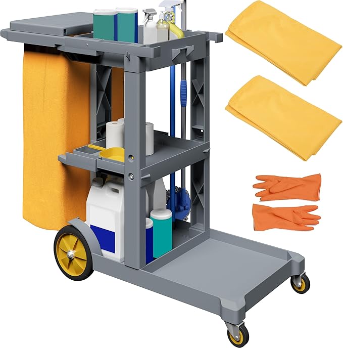 YITAHOME Janitorial Cart, Cleaning Carts on Wheels, 3-Shelf Commercial Traditional Plastic Housekeeping Cart, with 2 Yellow 25 Gallon Vinyl Bag and Pair of Rubber Gloves, Gray