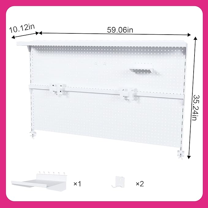 KEIKI Metal Pegboard Desk Organizer with Dual Monitor Stand, 59" x 35" Large Desk Peg Board with Hooks & Movable Panel, Office Organization and Storage Shelf for Gaming or Workstation Setup, White