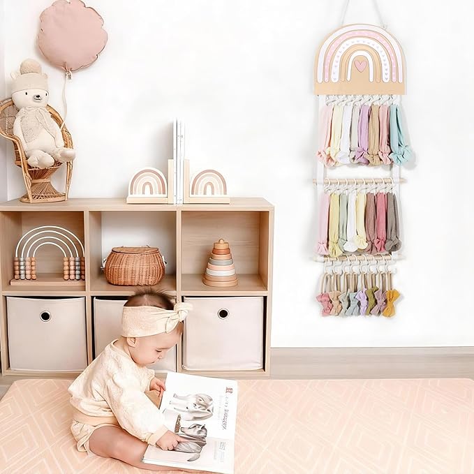 POVETIRE Headband Holder Bow Holder for Girls Hair Bows, Rainbow Hair Accessories Organizer Storage Wall Hanging Display for Baby Girl Nursery
