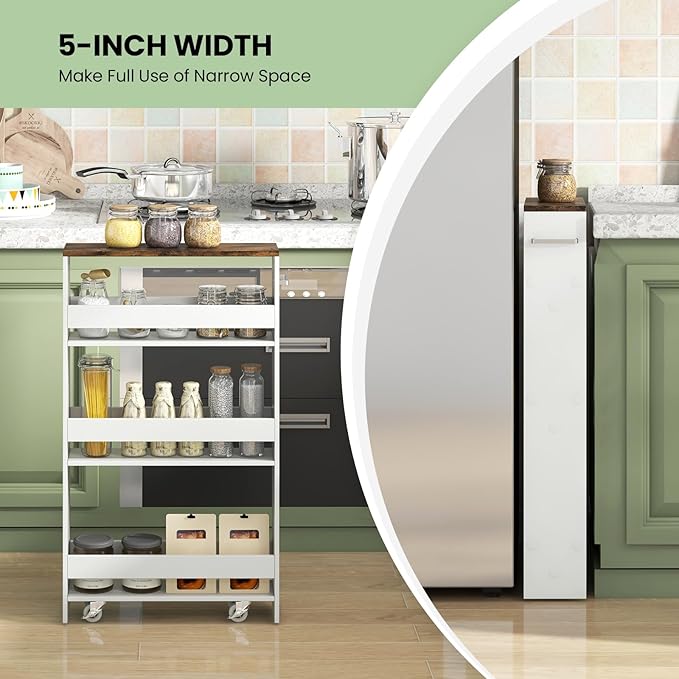 Small Kitchen Cart, 4-Tier Slim Rolling Island w/Handle, Laundry Room Storage Organizers Between Washer and Dryer, Narrow Spice Rack on Wheels Next to Fridge (White & Rustic Brown, 5'')
