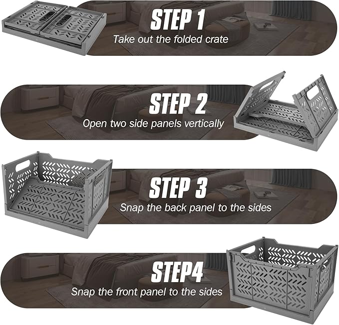 Domiella 2-Pack Crates for Storage, Storage Crates Plastic Stackable, Foldable Crate for Office Home Kitchen Bedroom Bathroom (Tall, Gray)
