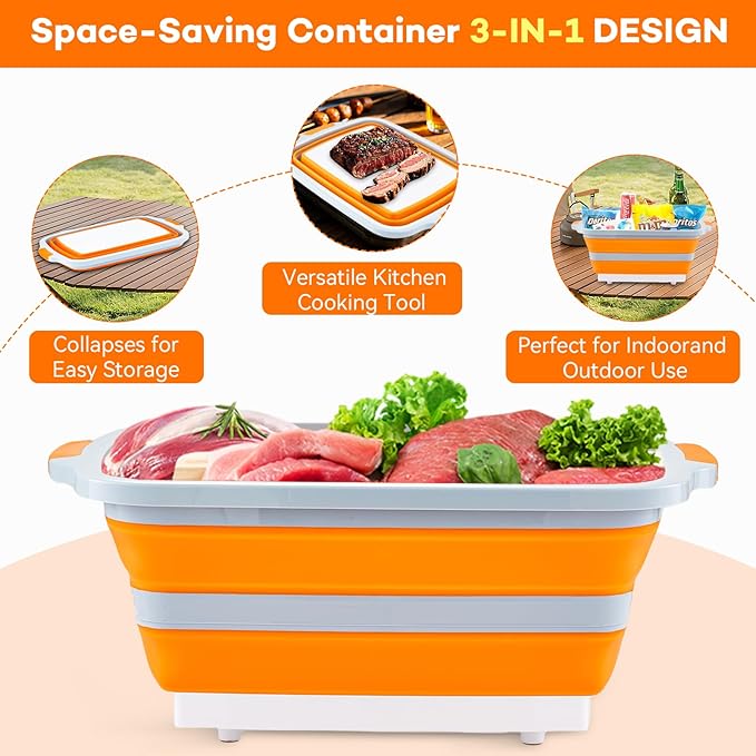 Collapsible BBQ Prep Tub with Cutting Board - 7.95 Gal/30L Food-Grade Container - BPA-Free, Space-Saving w/Lid & Drain Hole - for Grilling, Camping, Offset Smoker (Orange)