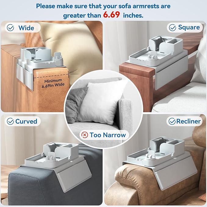 Couch Arm Cup Holder CLESOO Couch Arm Tray Anti-Slip Couch Cup Holder Silicone Sofa Armrest Tray Dual Side Pocket Couch Drink Holder Sofa Caddy Arm Remote Holder Snack Caddy with Phone Holder Grey
