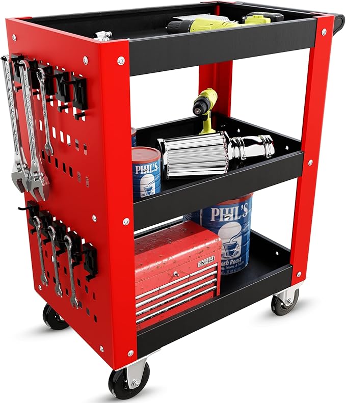 3 Tier Rolling Tool Cart on Wheels, Mechanic Storage Organizer, Rolling Work Cart with Pegboard for Garage, Workshop, Warehouse（Red & Black）